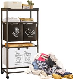 Cesto de Roupas Sujas Triplo Móvel Com Rodas Lavanderia Banheiro Organização X-Matte (PRETO)