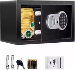 FINYQBET Cofre Eletrônico Teclado Digital com Senha e Chave, Aço Resistente, Alarme de Segurança, 20x31x20 cm, Ideal para Casa, Escritório e Hotel, Proteção para Dinheiro, Joias e Documentos