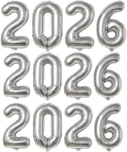 Balão Número 2026 Metalizado Mylar para Decoração de Festa, Ano Novo, Formatura ou Reveillon – Cores Dourado, Prata, Branco – Tamanhos 16", 32", 40" (PRATA, 32")