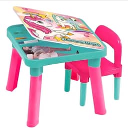 Mesa Mesinha Infantil Tampa Removível com Cadeirinha Unicórnio Monte Líbano – Mesa Rosa Diversão para Brincar, Desenhar, Estudar, Pintar Apartir 3 Anos.