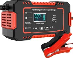 Carregador Inteligente para Bateria 12V com Display Digital informativo Para Carro - Função Reparo por Pulsos Automático (Vermelho)