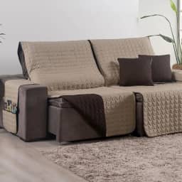 Capa para Sofá Retrátil 3 Lugares 1,80m 400 Fios + 2 Capas de Almofada | Protetor de Sofá Reclinavel com Bolso Lateral (Cáqui/Marrom)