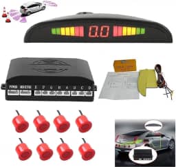 Sistema de radar de estacionamento reverso de carro 8 kit de sensores de ré com alarme frontal e traseiro lembrete de campainha LED exibição segura, sensor de estacionamento de carro, vermelho