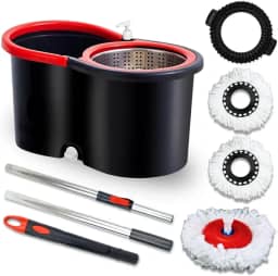 Mop Giratório Com Cesto Em Inox Vermelho - Com Escovão Para Limpeza Pesada Cabo C/140Cm Ajustável + 3 Esfregão de microfibra