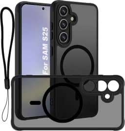USTIYA Magnética Capa para Samsung Galaxy S25 5G Case Matte Acrílico Uso Resistente Protetora de Câmera Capa Acessórios para Celular com Cordão Preto FGCX