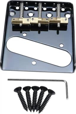 Ponte de guitarra fixa vintage com placa de base de aço de 3 selas compensada de latão 10,8 mm compatível com peças de reposição para guitarra elétrica estilo Telecaster Tele vintage, preta