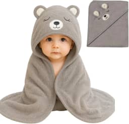 Toalha De Banho Infantil Com Capuz Bichinho Bordado Algodão Toque Extremamente Macio Suave Para Pele do Bebê Recém Nascido (Cinza)