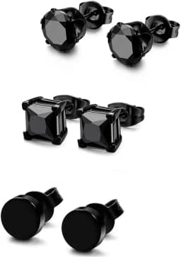 Conjunto de 3 pares de brincos para homens, mulheres e homens, aço inoxidável, quadrado, redondo, diamante, zircônia cúbica, perfurados
