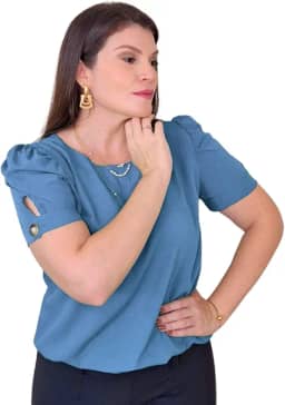 Blusa Social Feminina Manga Curta Bufante Camisa com Botão Alfaitaria do M ao GG Elegante