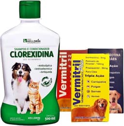 Kit Sarna e Micose Canina: Vermitril 4 Comprimidos mastigáveis + Shampoo Clorexidina Kelldrin (Cães 7 a 15kg)
