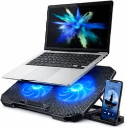 Suporte para Notebook Base Ergonômica Silencioso LED Azul 8 Níveis de Altura Refrigerada com 2 Coolers Potentes e com Suporte de Celular Integrado Premium