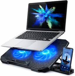 Suporte para Notebook Base Ergonômica Silencioso LED Azul 8 Níveis de Altura Refrigerada com 2 Coolers Potentes e com Suporte de Celular Integrado Premium