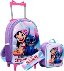Kit Mochila Infantil Escolar com Rodinhas + Estojo + Lancheira Térmica | Bolsa Feminina Grande