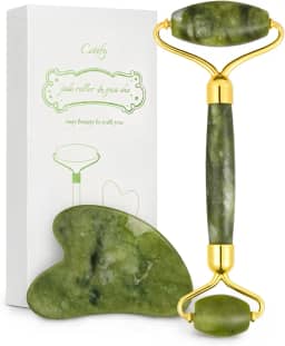 Conjunto de rolo de jade e Gua Sha, rolo facial, rolo facial antienvelhecimento Cotify, ferramenta massageadora de beleza de jade verde natural, ferramenta de cuidados com a pele para rosto, pescoço,
