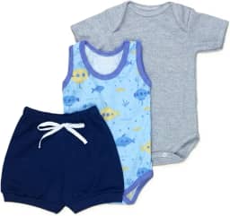 Body, Regata e Shorts Fresquinhos Look Verão Bebê, Conjunto com 3 Peças, de 3-12 Meses, Loja Era Uma Vez