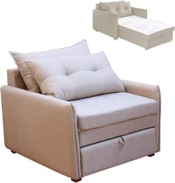 Sofá Cama Retrátil Solteiro Linho Estofado com Almofada Montreal (Bege)