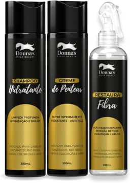 Kit Tratamento e Manutenção de Cabelos Orgânicos, Cabelo Bio Fibra, Cachos e Apliques Mega Hair - Shampoo Hidratante, Creme de Pentear e Desembaraçante Restaura Fibra Donna's