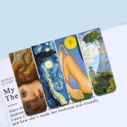 Kit 4 Marcadores de Página Magnéticos - Grandes Obras (Noite estrelada de Vincent van Gogh, Nascimento de Vênus de Sandro Botticelli, Mulher com sombrinha de Claude Monet e Tarsila do Amaral)