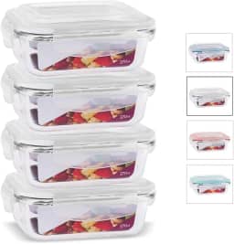 KIT 4 Potes de Vidro Retangular com Tampa Hermética 370ml Cor:Branco (QH)