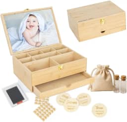 Caixa de lembrança de bebê com 5 itens de memória adicionais – Caixa de memória de bambu para bebês meninas e meninos – Kit de impressão manual, discos de marco, cantos de fotos, frascos de vidro