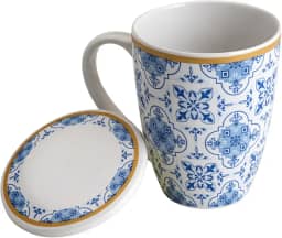 LYOR - Caneca de Porcelana Super White com Tampa e Filtro Lisboa Azul/Branca 340ml