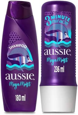 Kit Aussie Mega Moist Super Hidratação Shampoo 180Ml e 3 Minutos Milagrosos 236Ml, Aussie, Roxo