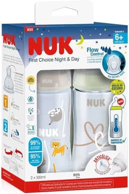 NUK Kit de Mamadeiras Anticólica Dia e Noite com Controle de Temperatura 300ml - Branca