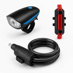 Kit Farol LED 250 lm com Buzina 140 dB Lanterna Traseira USB 4 Modos Cadeado para Bike 70 cm x 12 mm Silicone