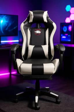 Cadeira Gamer Ergonômica com Apoio para os Pés, Reclinável, Moldada, com Almofadas para Pesçoco e Lombar (Preto Branco)