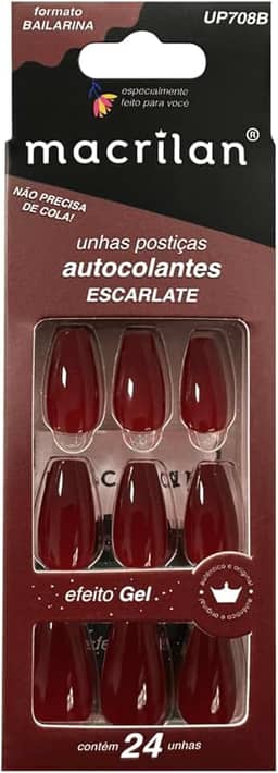 Macrilan Unhas Postiças Formato Bailarina Com Adesivo - Escarlate - Plástico Abs Up708B -
