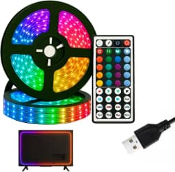 Fita Led RGB 5 Metros Reativa ao Som com Controle Remoto e Alimentação USB. Acabamento em Borracha e Interativa ao Som Ambiente.
