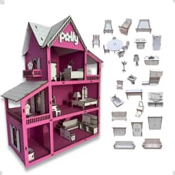 Casinha De Boneca Grande 60cm De Madeira mdf + Kit Mini Moveis 30 peças