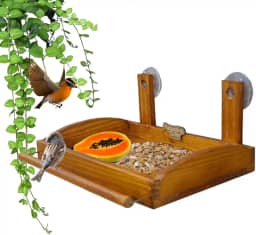 Comedouro Bandeja De Madeira Passarinho Com Ventosa Para Janela