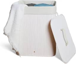 Cesto De Roupa Suja com Alças Em Bambu Com Tampa Forrado Banheiro Lavanderia Quarto