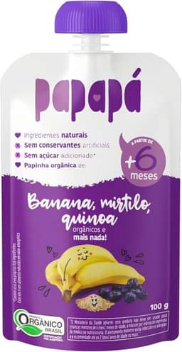 Papapá, Papinha Orgânica de Frutas, Sabor Banana, Mirtilo e Quinoa, 100g, Sem Açúcar Adicionado, Ingredientes Naturais