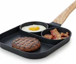 Frigideira Multifuncional 3 em 1, Antiaderente com Cabo de Madeira, Divisórias para Ovos, Bacon e Hambúrguer, Compatível com Todos os Fogões, Preta