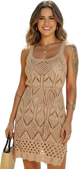 Saída de Praia Feminino Vestido Curta Alça Crochê Tricô com Cinto e Fenda, Saida de Banho Canga Piscina Elegante Luxo