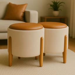 Kit 2 Puff Banquetas Redondo Banco Pufe Assento Macio em Courino Tecido Boucle Decorativo para Sala Escritório Apartamento Soft Lux com Pés em Madeira (Areia/Caramelo)