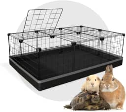 Cercado Pet para Porquinho da Índia com Teto 60x90x30cm com Bandeja Impermeável Telas Pretas e detalhe Cinza