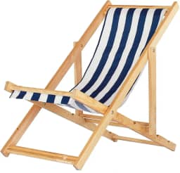 Espreguiçadeira 118,5cm Reclinável para Jardim - Sem Braço, Madeira Maciça, Acabamento Natural, Com Tecido (Listrado Azul e Branco)