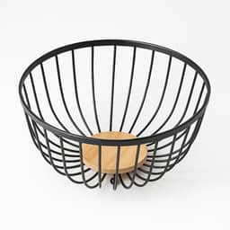 Fruteira Aramada Decorativa, Ferro e MDF, Preta com Base em Madeira, 25x25x13,5cm, Design Moderno para Cozinha