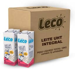 Pack 12 Unidades Leite UHT Integral Leco Caixa com Tampa 1l