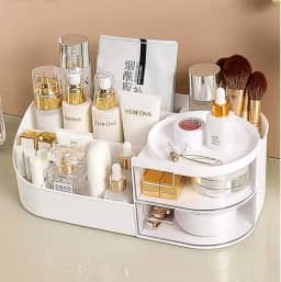 Organizador de Cosméticos Mesa Multiuso Multifuncional com Gavetas Porta Lápis Perfumes Maquiagem Case Make Penteadeira Banheiro Escritório Quarto Moderno Funcional Acrílico Premium -Branco