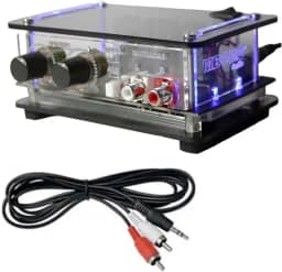 Mini amplificador de som áudio para caixa acústica de som, pc, notebook, tablet, MBORG RC40 com Cabo P2/RCA para casa, loja, salas, consultórios, salas de aula, para caixas acústicas de 30 a 50 w