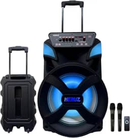 Caixa de Som Grande Bluetooth 2 Microfones Sem Fio HZ-1000 com Luzes LED, FM, USB, Cartão SD, Auxiliar, TWS, Entradas Microfone/Guitarra e Rodinha