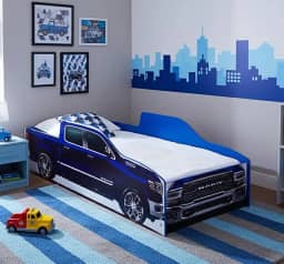 Mini Cama Juvenil Modelo Temático Caminhonete Carros Cor Azul Unissex 154x73cm Montessoriana Ideal Para Quartos Compactos Adesivada