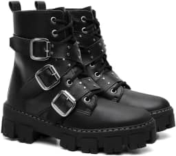 Coturno Gótico Feminino com 3 Fivelas, Preto, Plataforma Tratorada, Cadarço e Solado Grosso, Estilo Punk Rock