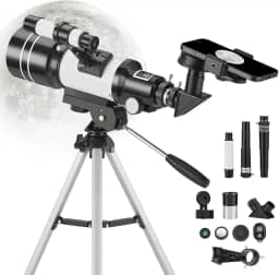 LuxLam Telescópio para adultos e crianças, refrator com abertura de 70 mm (15X-150X), telescópio portátil para viagem com adaptador para celular e controle remoto sem fio