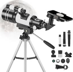 Telescópio para adultos e crianças, refrator com abertura de 70 mm (15X-150X), telescópio portátil para viagem com adaptador para celular e controle remoto sem fio