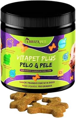 VitaPet Plus Petisco em Vitaminas/Suplemento Multifuncional para cães Anti-coceira + Omega 3 Para Pelo e Pele de Cães com Probióticos + Imunidade 150g Sabor Frango